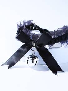 2 件套性感蕾丝猫耳头带蝴蝶结设计 + 铃铛项链，适合派对和聚会束带万圣节女巫情人节情人节舞会配饰 - 黑色 - 查看 4