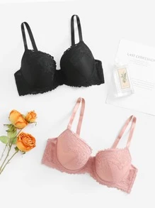 2 paquetes Sujetador con aros de encaje floral de talla grande - Multicolor - Ver 1