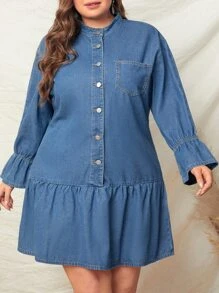 Vestido mezclilla con bolsillo delantero bajo con fruncido - Azul lavado medio - Ver 1