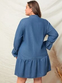 Vestido mezclilla con bolsillo delantero bajo con fruncido - Azul lavado medio - Ver 2