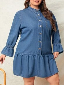 Vestido mezclilla con bolsillo delantero bajo con fruncido - Azul lavado medio - Ver 3