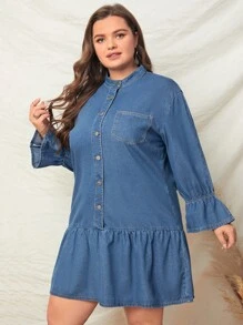 Vestido mezclilla con bolsillo delantero bajo con fruncido - Azul lavado medio - Ver 4