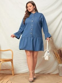 Vestido mezclilla con bolsillo delantero bajo con fruncido - Azul lavado medio - Ver 5