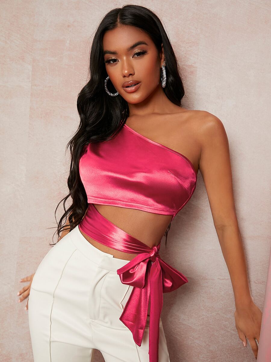 SHEIN SXY 單肩側打結短款金屬質感上衣 - 玫紅色 - 查看 1