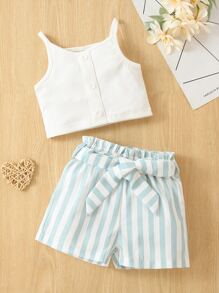 嬰兒吊帶上衣和條紋圖案紙袋腰附腰帶短褲 - 藍白色 - 查看 1