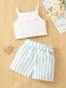 嬰兒吊帶上衣和條紋圖案紙袋腰附腰帶短褲 - 藍白色 - 查看 2