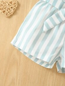 嬰兒吊帶上衣和條紋圖案紙袋腰附腰帶短褲 - 藍白色 - 查看 5