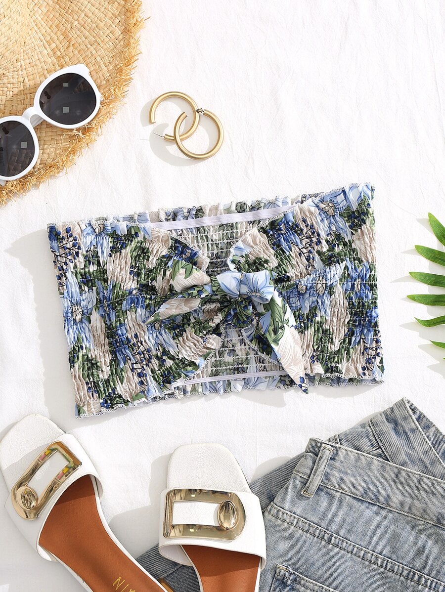 SHEIN VCAY Allover Floral Bow Shirred Crop Tube Top - Multicolor - View 1