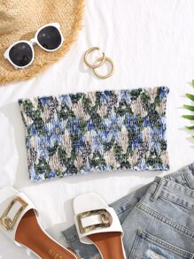 SHEIN VCAY Allover Floral Bow Shirred Crop Tube Top - Multicolor - View 2