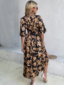 滿版印花打褶高衩連衣裙 - 彩色 - 查看 2