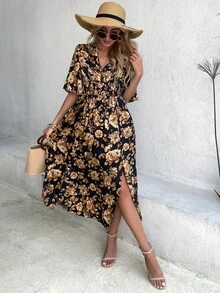 滿版印花打褶高衩連衣裙 - 彩色 - 查看 6