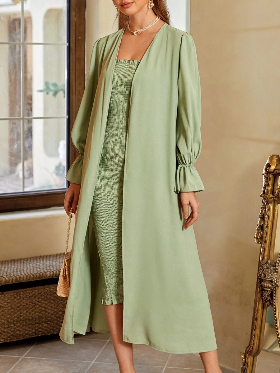 Mulvari Bộ đồ hai mảnh nữ viền lá sen Dải chun màu trơn Thanh lịch - Màu xanh Bạc hà - Xem 1