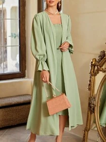 Mulvari Bộ đồ hai mảnh nữ viền lá sen Dải chun màu trơn Thanh lịch - Màu xanh Bạc hà - Xem 3