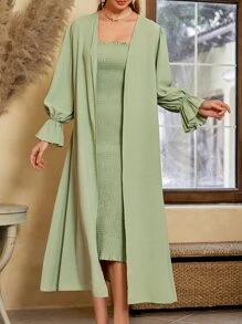 Mulvari Bộ đồ hai mảnh nữ viền lá sen Dải chun màu trơn Thanh lịch - Màu xanh Bạc hà - Xem 5