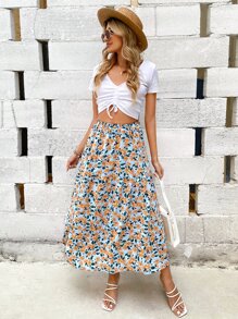 Falda con estampado floral bajo con fruncido - Multicolor - Ver 3