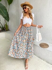 Falda con estampado floral bajo con fruncido - Multicolor - Ver 5