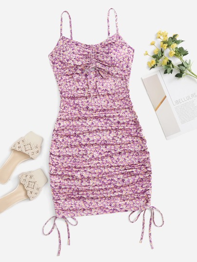 Cut Out Drawstring Knot Front Ditsy Floral Slip Dress