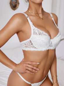 Floral Lace Underwire Bra - White - View 3