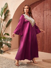 SHEIN Đầm Plus Size Tương phản Mesh ghép mộng kim sa Nghề thêu mép Chia Khối Màu Thực vật Hấp dẫn - Màu đỏ tím - Xem 3