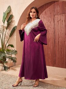 SHEIN Đầm Plus Size Tương phản Mesh ghép mộng kim sa Nghề thêu mép Chia Khối Màu Thực vật Hấp dẫn - Màu đỏ tím - Xem 4