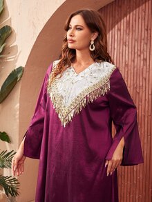 SHEIN Đầm Plus Size Tương phản Mesh ghép mộng kim sa Nghề thêu mép Chia Khối Màu Thực vật Hấp dẫn - Màu đỏ tím - Xem 5