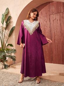 SHEIN Đầm Plus Size Tương phản Mesh ghép mộng kim sa Nghề thêu mép Chia Khối Màu Thực vật Hấp dẫn - Màu đỏ tím - Xem 1