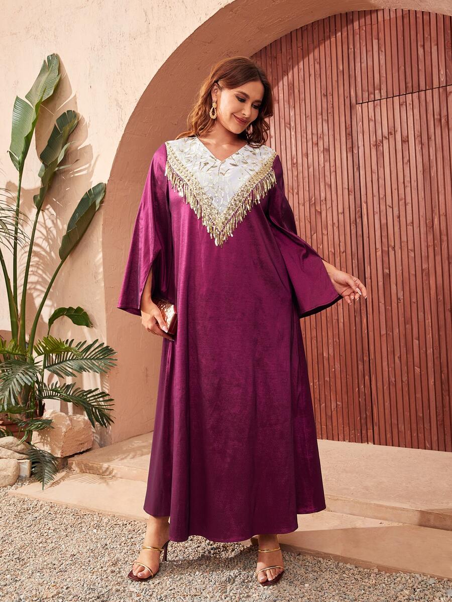 SHEIN Đầm Plus Size Tương phản Mesh ghép mộng kim sa Nghề thêu mép Chia Khối Màu Thực vật Hấp dẫn - Màu đỏ tím - Xem 1