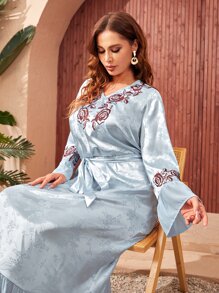 Al Najma Plus Floral Print Jacquard Belted Ruffle Hem Dress - Baby Blue - View 4