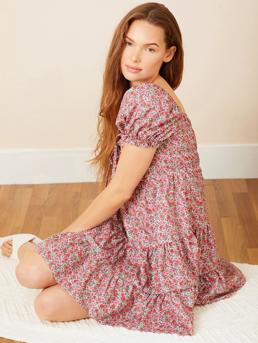 方領碎花前打結荷葉邊連衣裙 - 彩色 - 查看 1