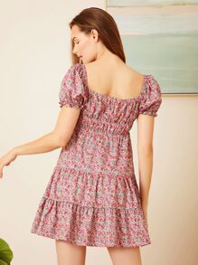 方領碎花前打結荷葉邊連衣裙 - 彩色 - 查看 2