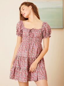 方領碎花前打結荷葉邊連衣裙 - 彩色 - 查看 4