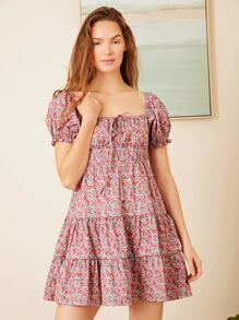 方領碎花前打結荷葉邊連衣裙 - 彩色 - 查看 5