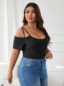 Áo thun Plus size Cắt ra Nút phía trước màu trơn Giải trí - màu đen - Xem 4