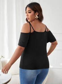 Áo thun Plus size Cắt ra Nút phía trước màu trơn Giải trí - màu đen - Xem 3