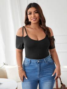 Áo thun Plus size Cắt ra Nút phía trước màu trơn Giải trí - màu đen - Xem 1