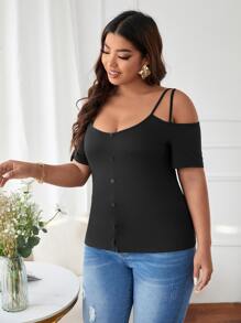 Áo thun Plus size Cắt ra Nút phía trước màu trơn Giải trí - màu đen - Xem 2