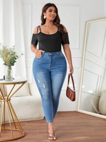 Áo thun Plus size Cắt ra Nút phía trước màu trơn Giải trí - màu đen - Xem 5