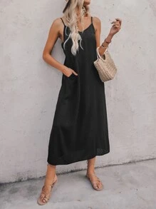 SHEIN LUNE Vestido de tirantes con bolsillo oblicuo - Negro - Ver 6