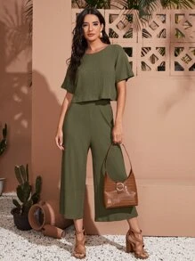 SHEIN LUNE 落肩短版T恤和寬腿褲子套裝 - 軍綠色 - 查看 3