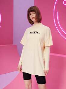 ANA GIMENEZ Letter Graphic Mock Neck 2 In 1 Tee - Beige - View 1