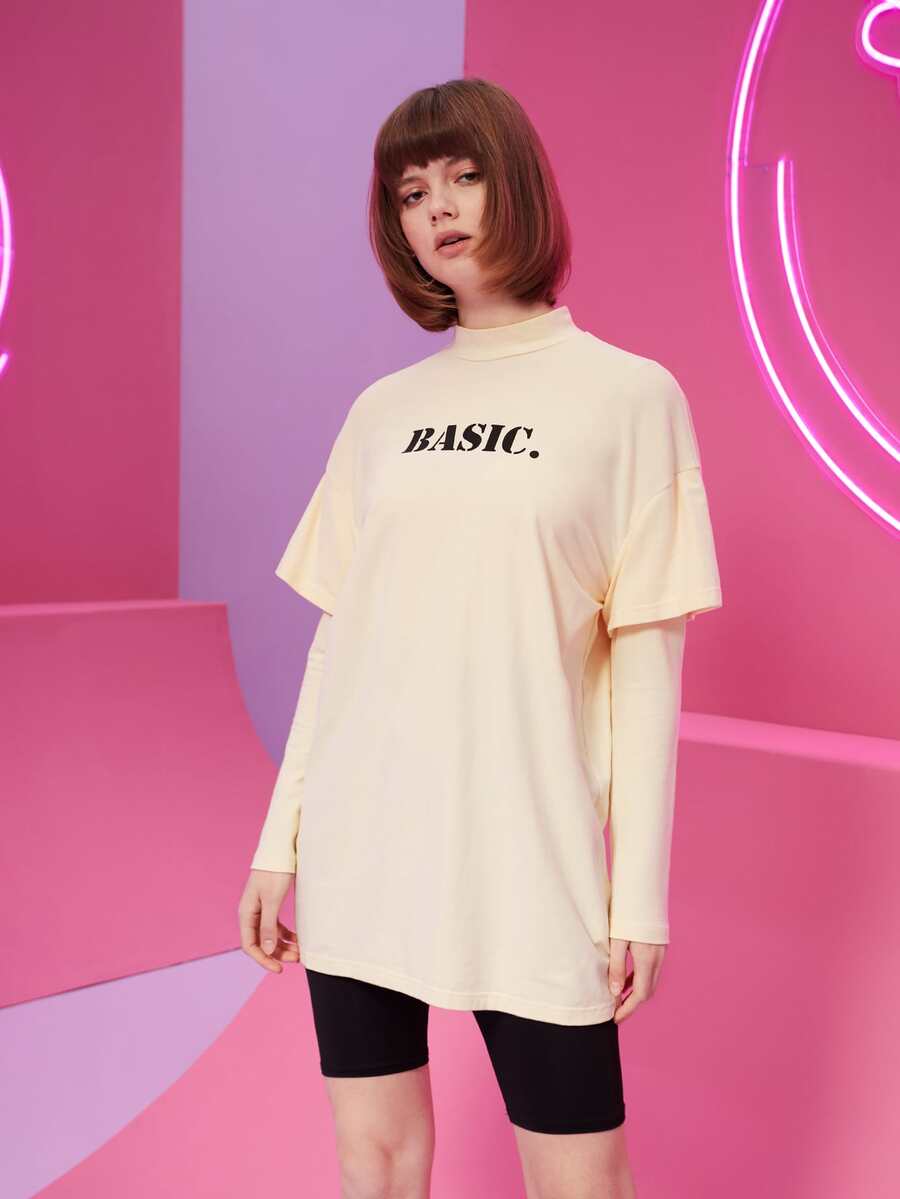 ANA GIMENEZ Letter Graphic Mock Neck 2 In 1 Tee - Beige - View 1