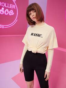 ANA GIMENEZ Letter Graphic Mock Neck 2 In 1 Tee - Beige - View 3