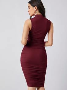 Silquee 小高領抽褶素色連衣裙 - 紫紅色 - 查看 2