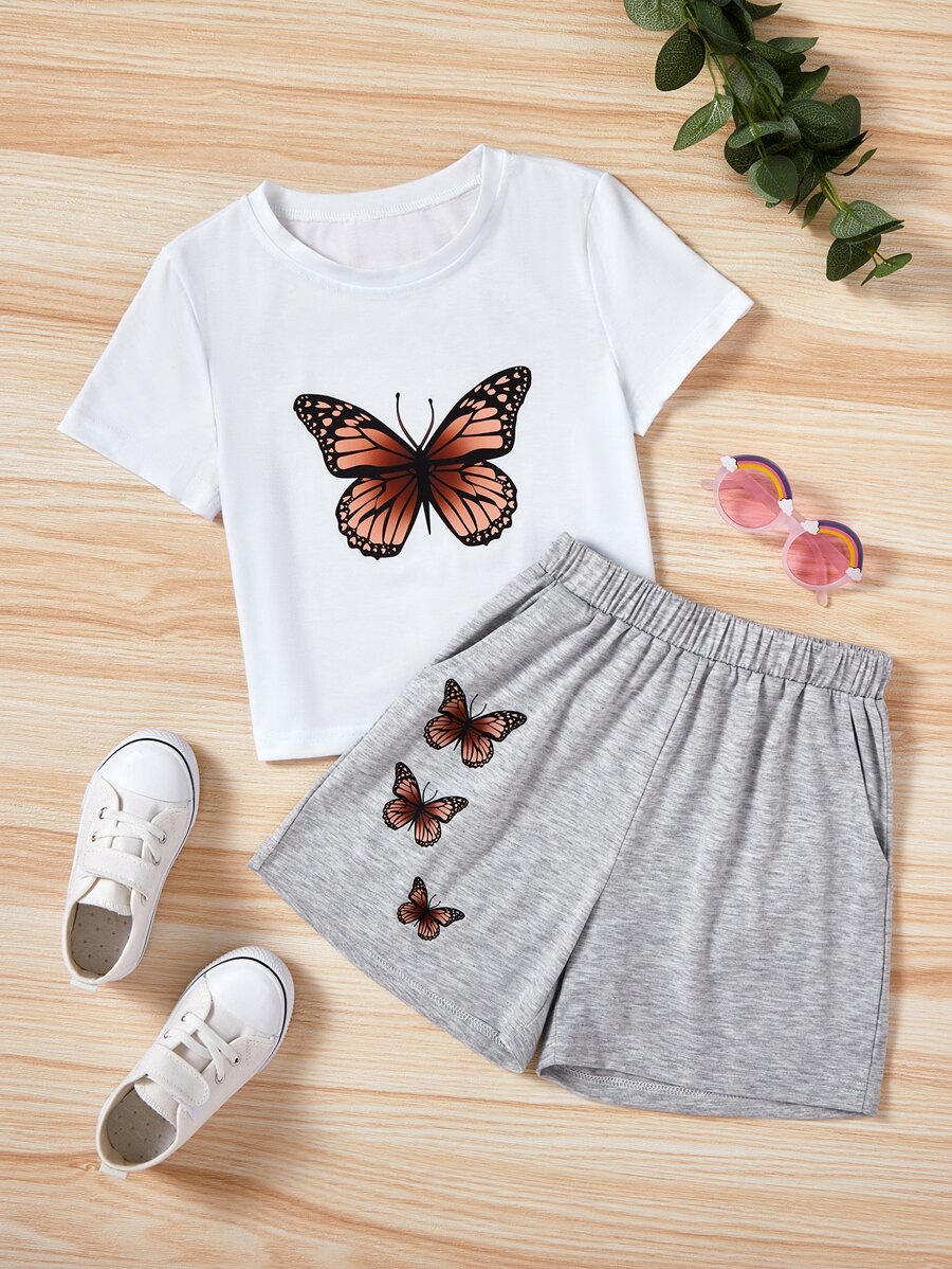 SHEIN Niñas Shorts con camiseta con estampado de mariposa - Multicolor - Ver 1