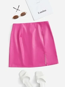 SHEIN Privé Falda bajo con abertura PU - Rosa Fucsia - Ver 1