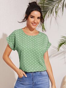 SHEIN LUNE Cuffed Sleeve Polka Dot Top - Green - View 1