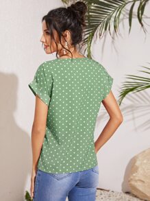 SHEIN LUNE Cuffed Sleeve Polka Dot Top - Green - View 2