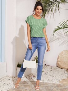 SHEIN LUNE Cuffed Sleeve Polka Dot Top - Green - View 3