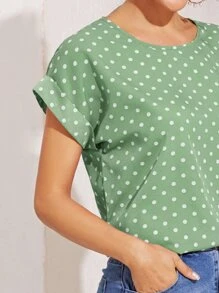SHEIN LUNE Cuffed Sleeve Polka Dot Top - Green - View 4