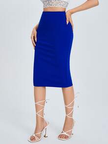 SHEIN PETITE 高腰鉛筆裙 - 寶藍色 - 查看 5